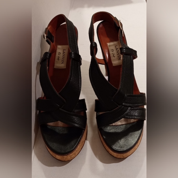 Lanvin Black Platform Sandals Strappy Slingback Leather w/Cork Heels Size 41/9.5 - Picture 4 of 10